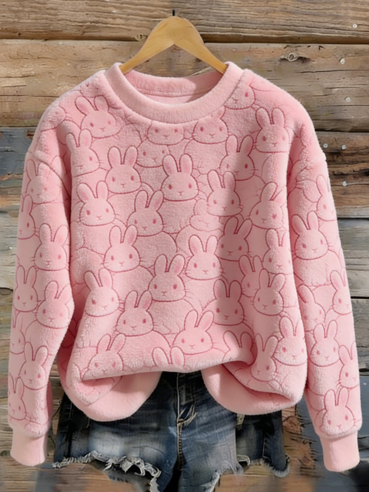 Cardydony Women's Cute Bunny Pattern Winter Plush Crew Neck Sweatshirt