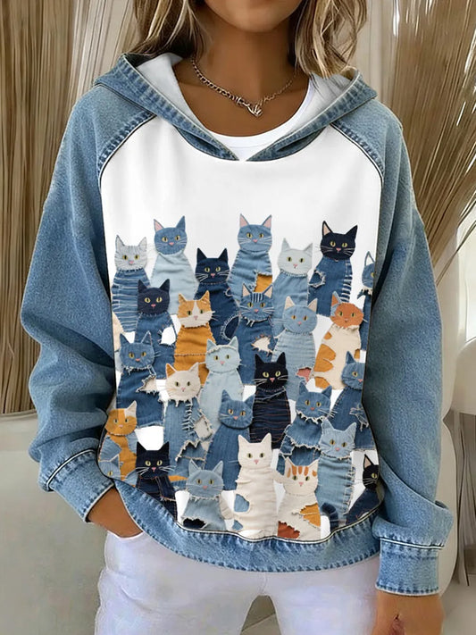Cardydony Women's Denim Kitten Hoodie