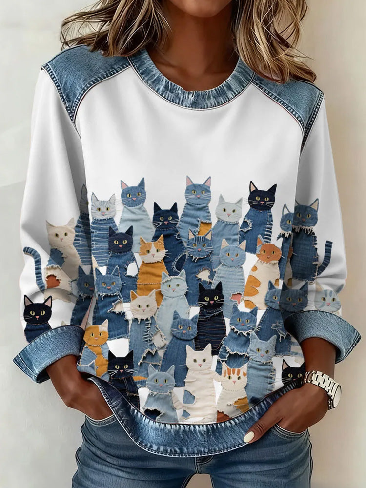 Cardydony Women's Denim Kitten Sweatshirt