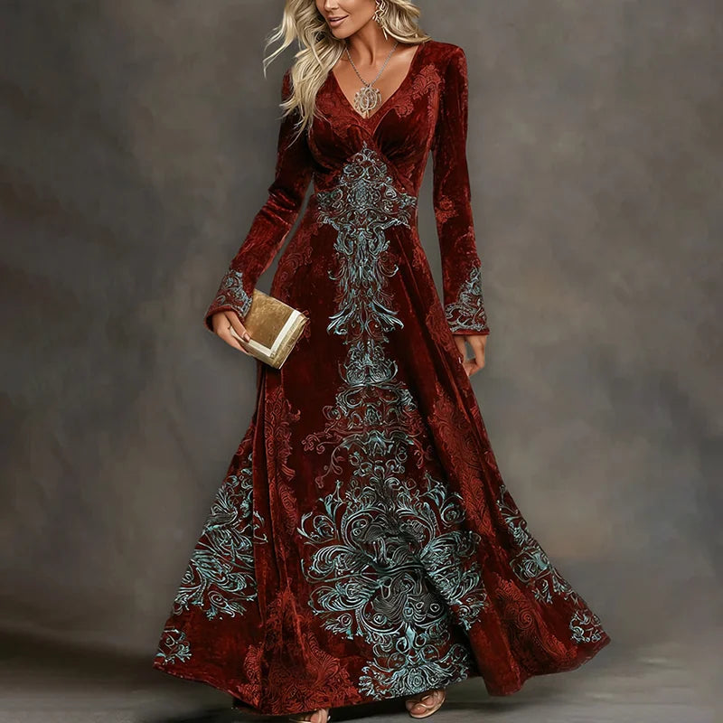 Cardydony Women's Elegant Tribal Art Comfy Velvet V Neck Maxi Dress