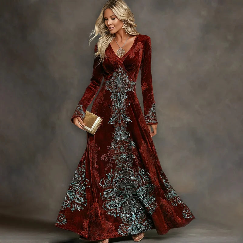 Cardydony Women's Elegant Tribal Art Comfy Velvet V Neck Maxi Dress