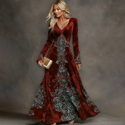 Cardydony Women's Elegant Tribal Art Comfy Velvet V Neck Maxi Dress