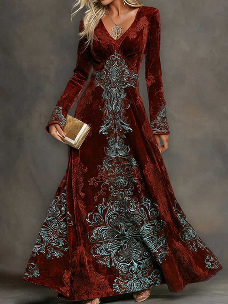 Cardydony Women's Elegant Tribal Art Comfy Velvet V Neck Maxi Dress