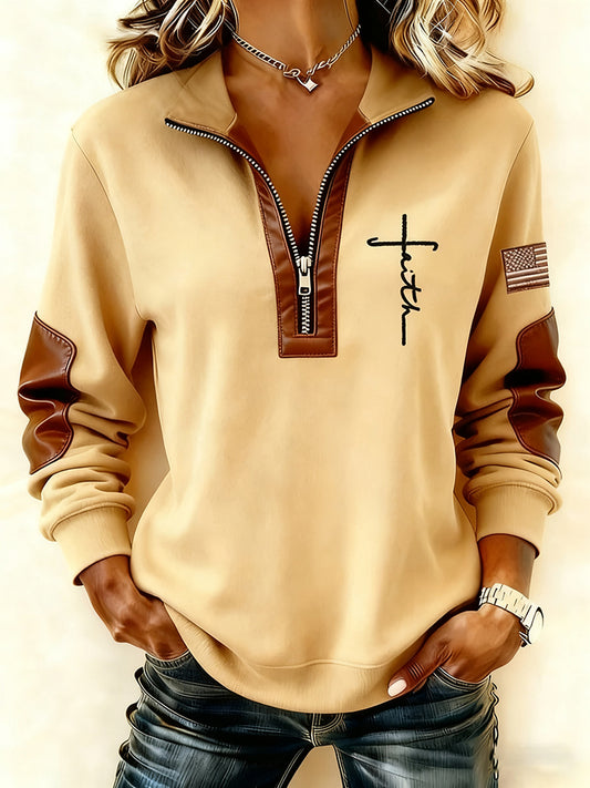 Cardydony Women's Faith Print Zipper Stand Collar Sweatshirt
