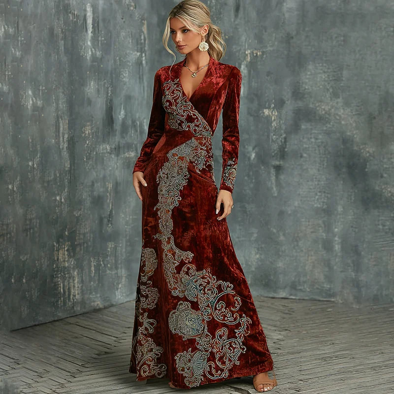 Cardydony Women's Floral Elegant Tribal Art Comfy Velvet V Neck Maxi Dress