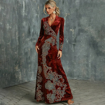 Cardydony Women's Floral Elegant Tribal Art Comfy Velvet V Neck Maxi Dress