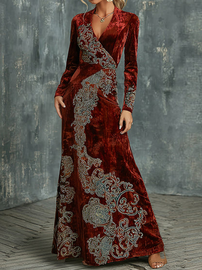 Cardydony Women's Floral Elegant Tribal Art Comfy Velvet V Neck Maxi Dress