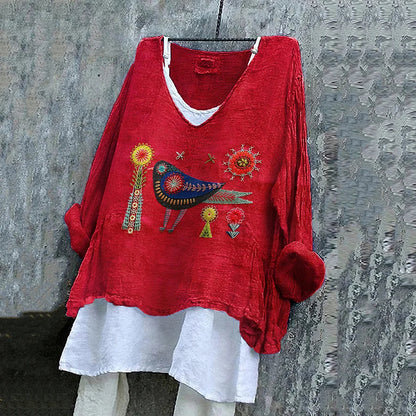 Cardydony Women's Flower And Bird Embroidery Art Linen V-neck Shirt