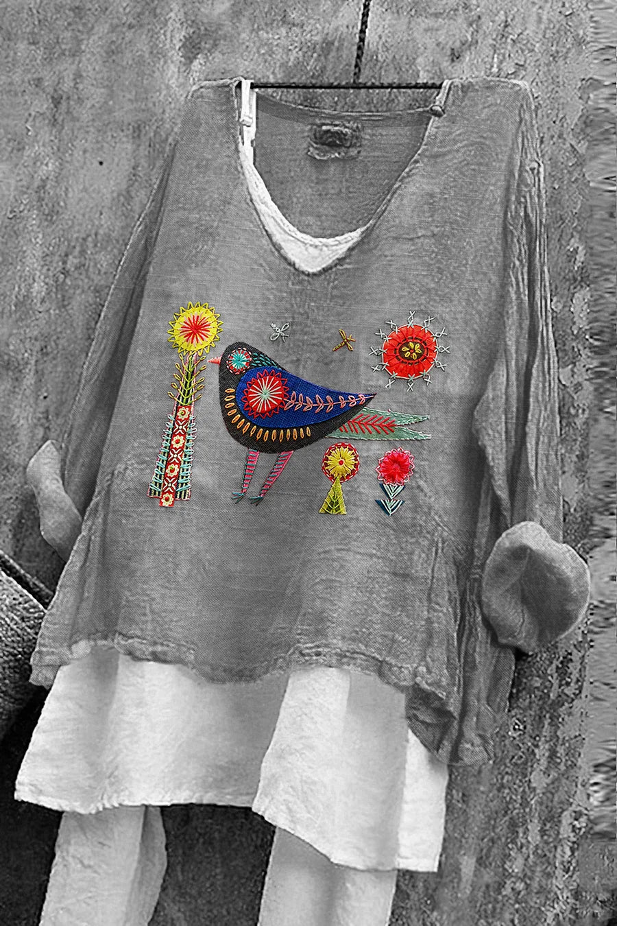 Cardydony Women's Flower And Bird Embroidery Art Linen V-neck Shirt