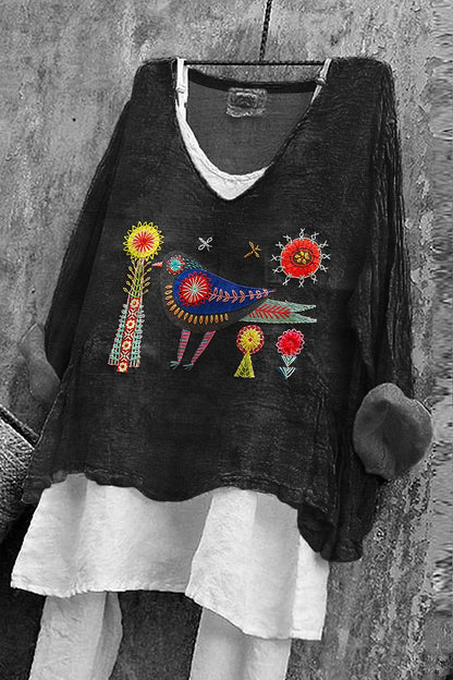Cardydony Women's Flower And Bird Embroidery Art Linen V-neck Shirt
