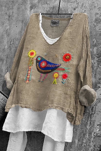 Cardydony Women's Flower And Bird Embroidery Art Linen V-neck Shirt