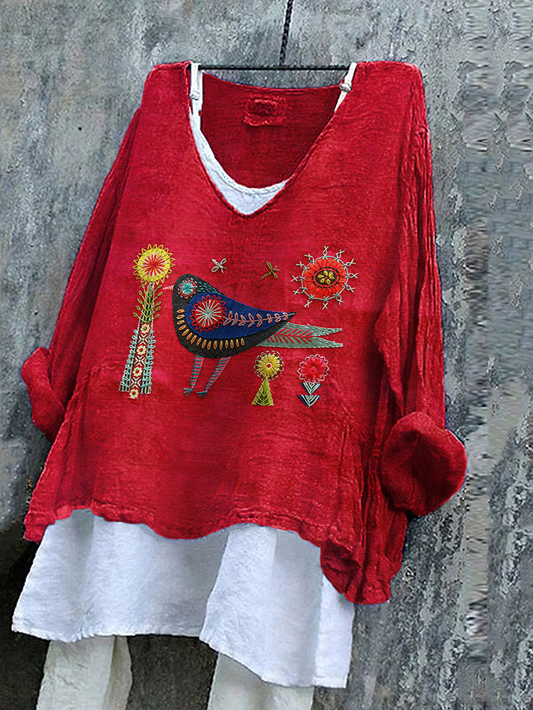 Cardydony Women's Flower And Bird Embroidery Art Linen V-neck Shirt