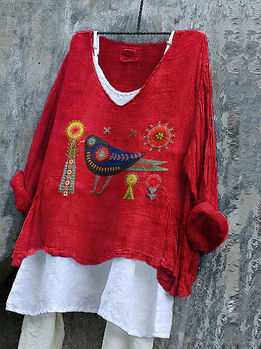 Cardydony Women's Flower And Bird Embroidery Art Linen V-neck Shirt