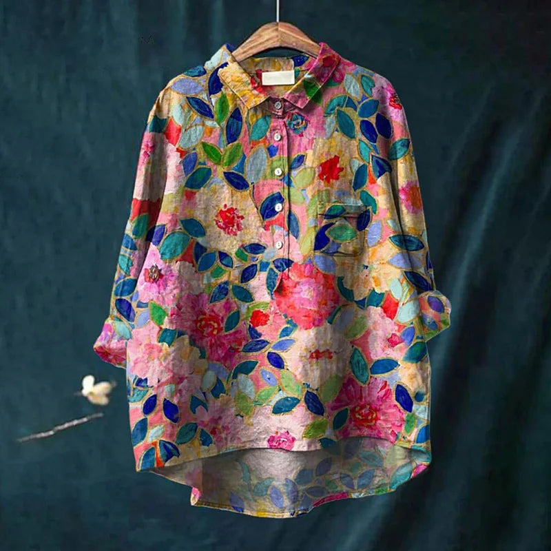 Cardydony Women's Flower Print Casual Cotton And Linen Shirt