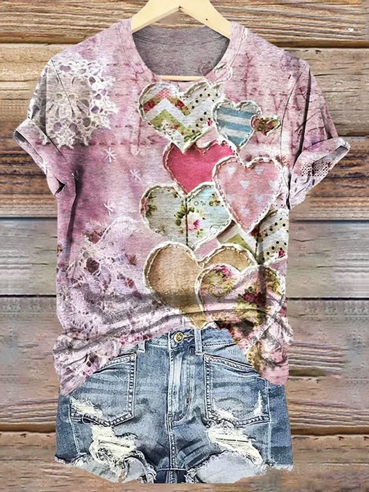 Cardydony Women's Heart Art Print Round Neck Short Sleeve T-shirt