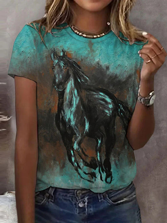 Cardydnoy Women's Horse Print Round Neck T-shirt