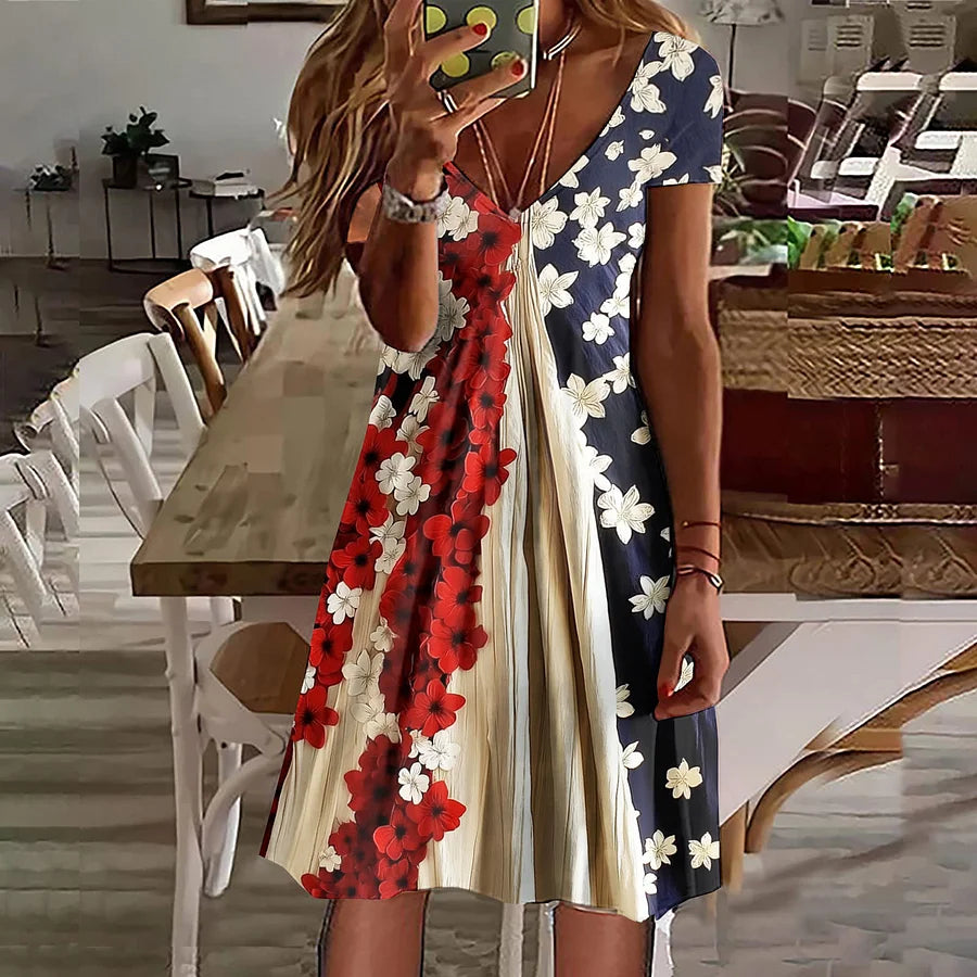 Cardydony Women's Independence Day Flag Floral Print Short Sleeve Dress
