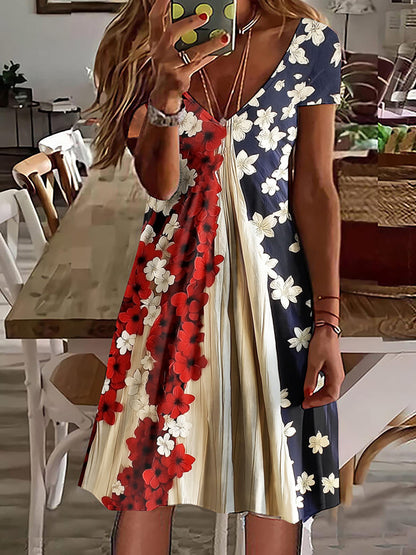 Cardydony Women's Independence Day Flag Floral Print Short Sleeve Dress