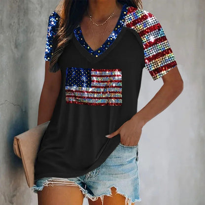 Cardydony Women's Independence Day Flag V Neck Printed Casual T-Shirt