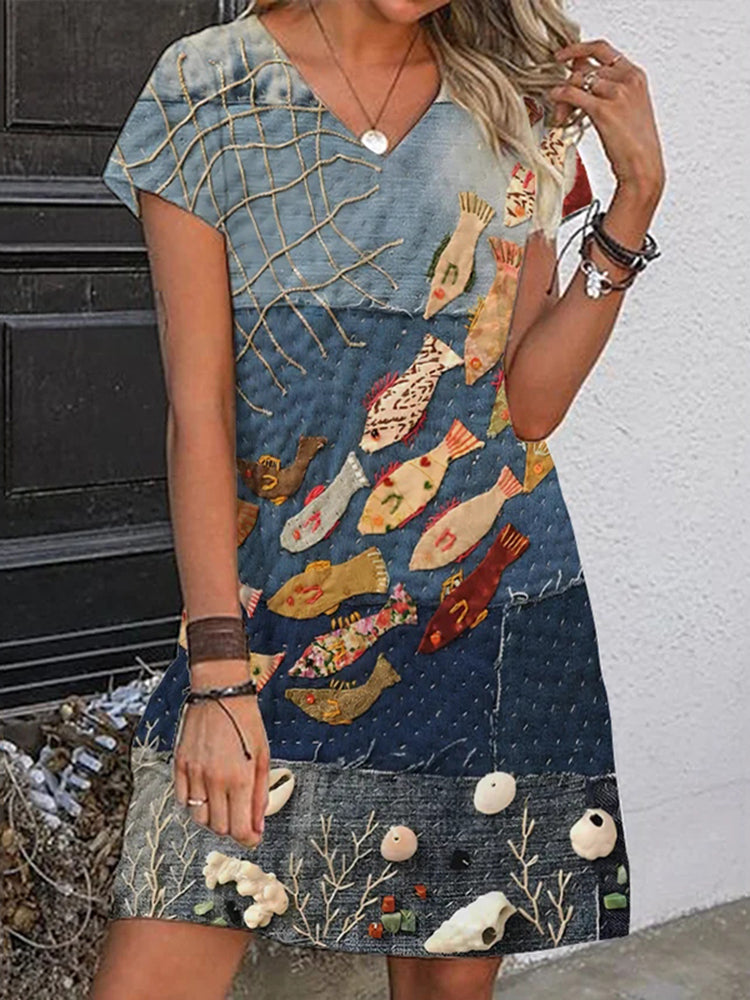 Cardydony Women's Ocean Fish School Patchwork Art Print V Neck Mini Dress