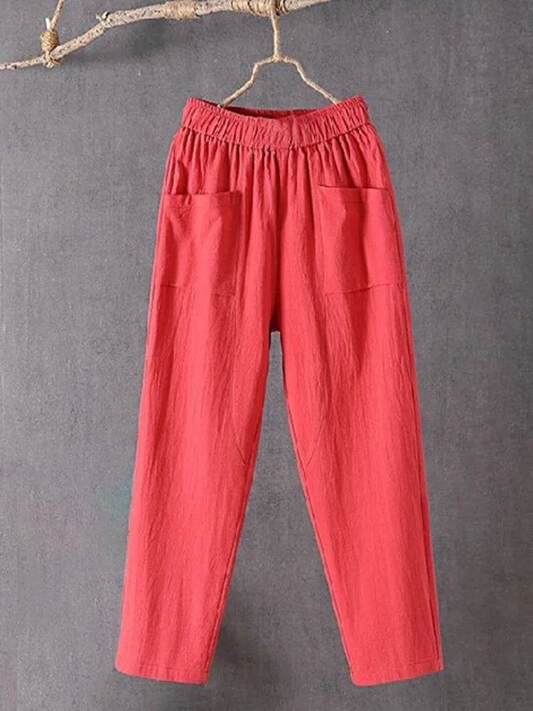 Cardydony Women's Pockets Design Linen Blend Elastic Waist Pants