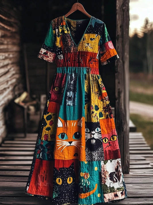 Cardydony Women's Pop Art Cat Casual Linen Short Sleeve Dress