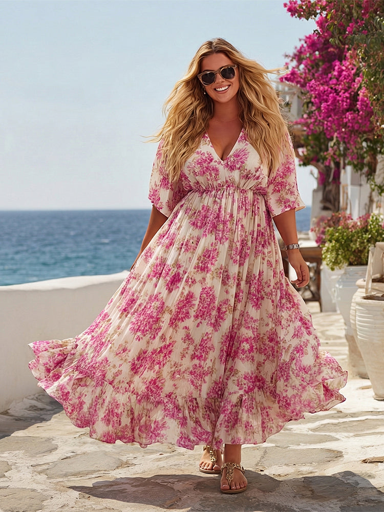 Cardydony Women's Resort Style Floral Print Plus Size Dress