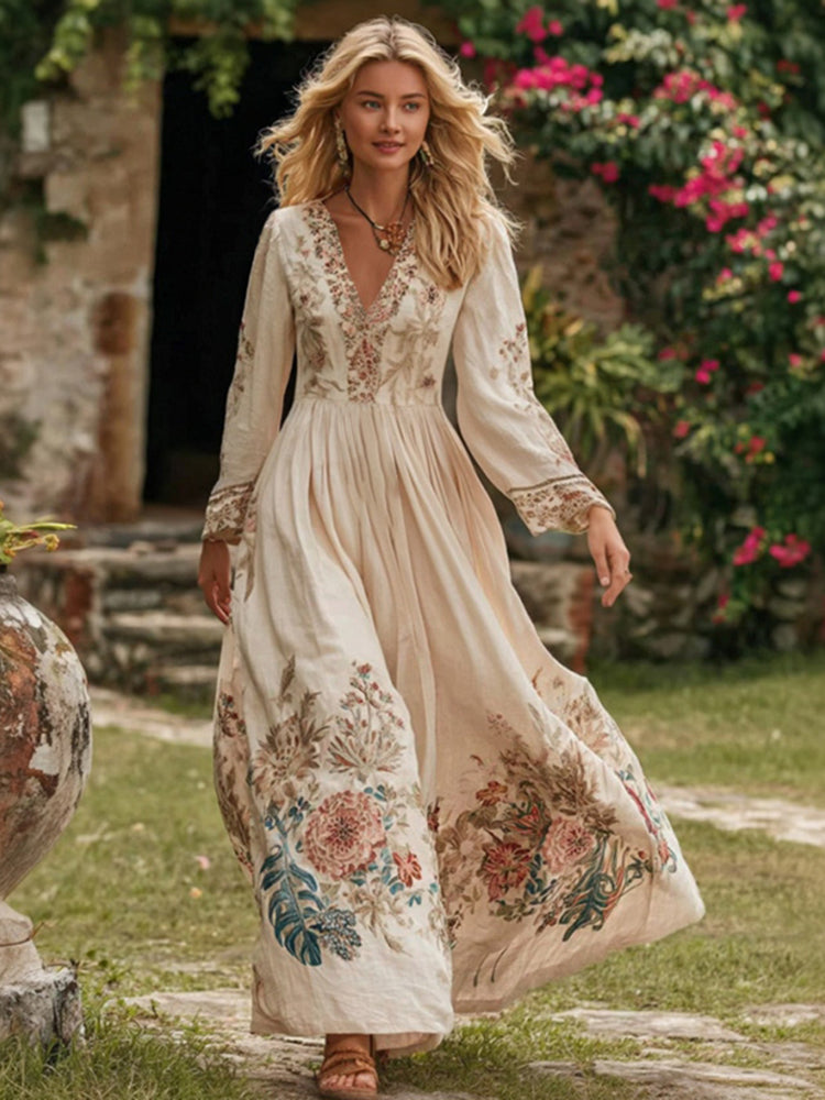 Cardydony Women's Retro Bohemian Art Floral V-neck Long-sleeved Dress