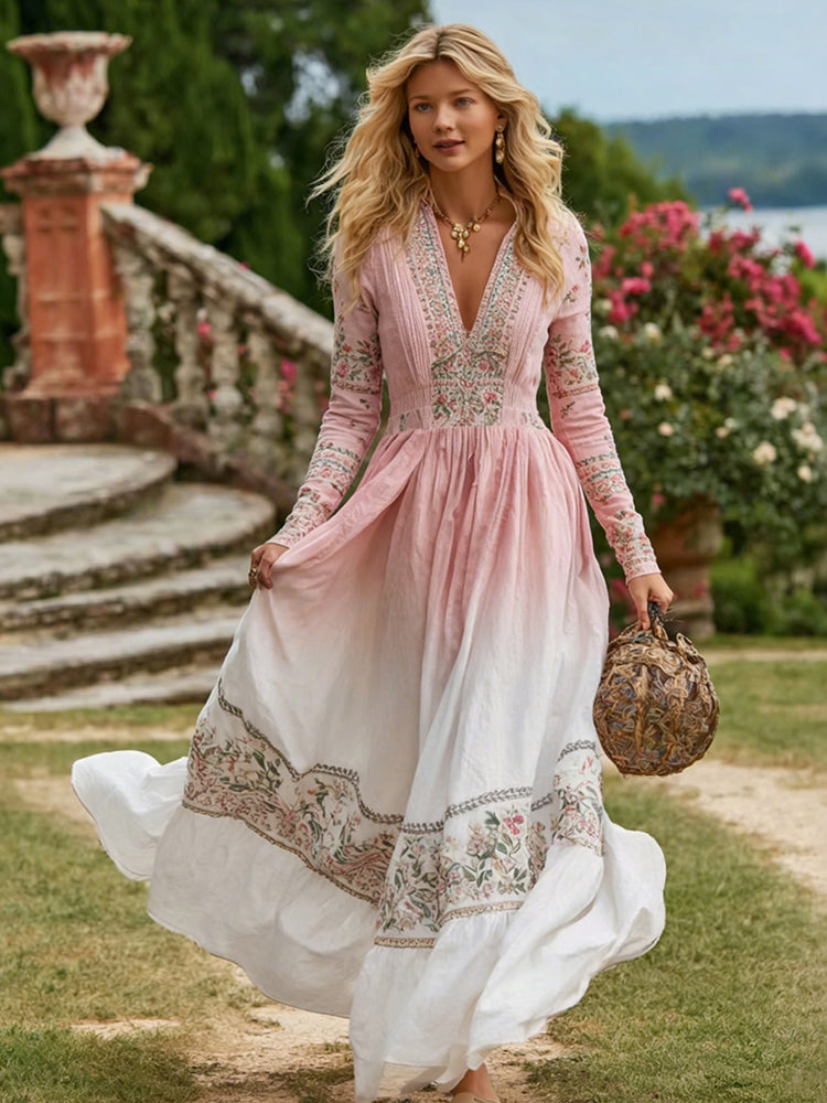 Cardydony Women's Retro Bohemian Art Floral V-neck Long-sleeved Dress