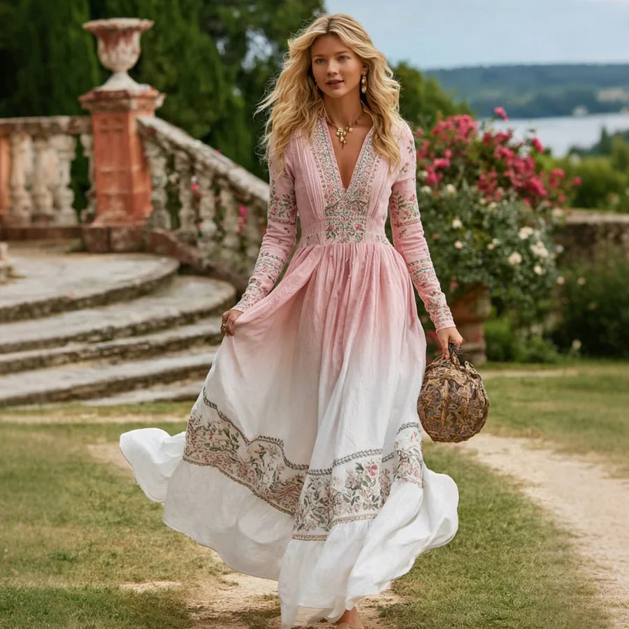 Cardydony Women's Retro Bohemian Art Floral V-neck Long-sleeved Dress