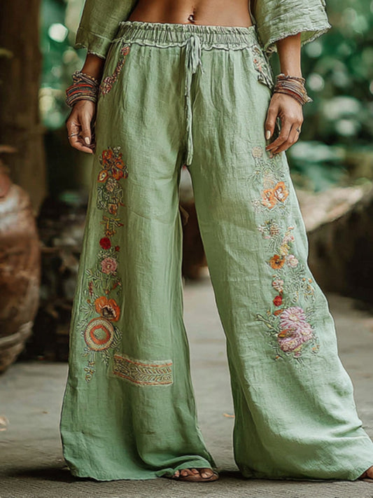 Cardydony Women's Retro Bohemian Floral Art Linen Pants