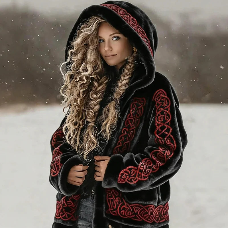 Cardydony Women's Retro Celtic Knot Art Pattern Plush Zip-up Hoodie