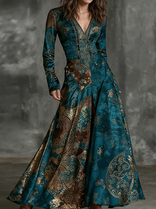 Cardydony Women's Retro Elegant Tribal Art Comfy Velvet V Neck Maxi Dress