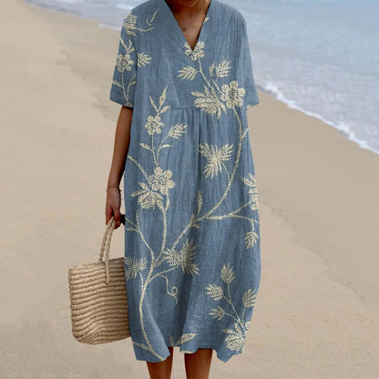 Cardydony Women's Retro Floral Print Cotton and Linen Dress