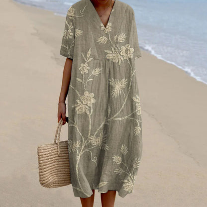 Cardydony Women's Retro Floral Print Cotton and Linen Dress