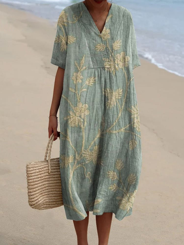 Cardydony Women's Retro Floral Print Cotton and Linen Dress