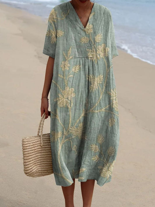 Cardydony Women's Retro Floral Print Cotton and Linen Dress
