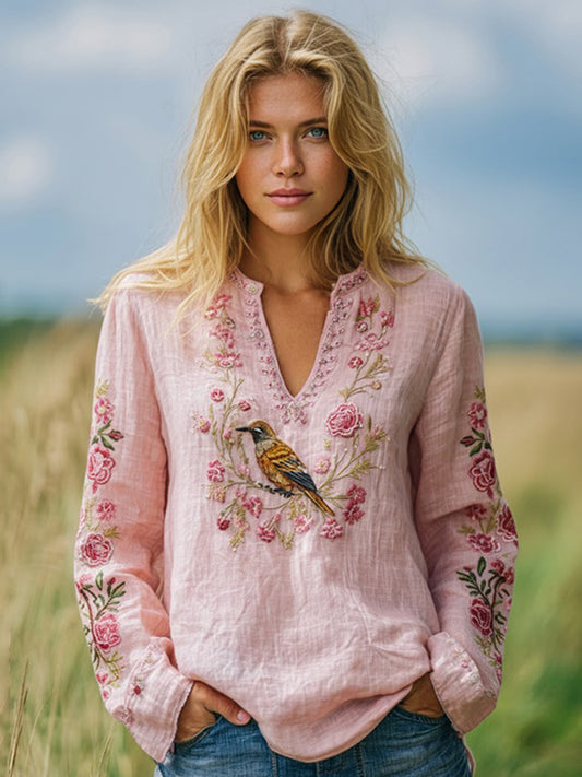Cardydony Women's Retro Pink Floral And Birds Pattern Linen V-neck Shirt