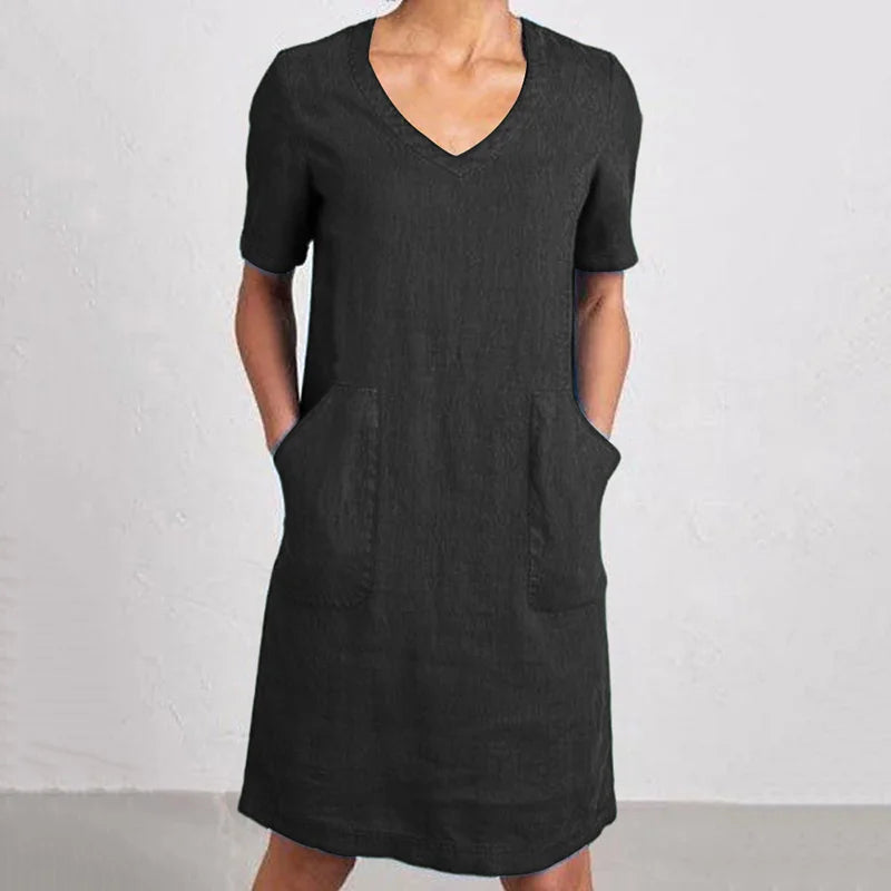 Cardydony Women's Retro Solid Color Cotton And Linen V-neck Pocket Dress