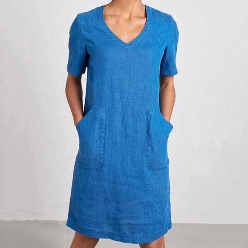 Cardydony Women's Retro Solid Color Cotton And Linen V-neck Pocket Dress