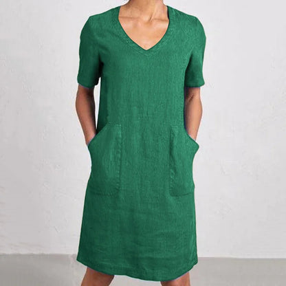 Cardydony Women's Retro Solid Color Cotton And Linen V-neck Pocket Dress