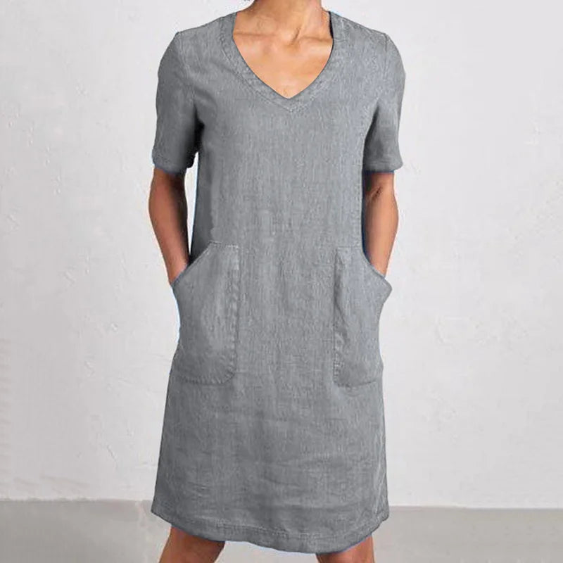 Cardydony Women's Retro Solid Color Cotton And Linen V-neck Pocket Dress