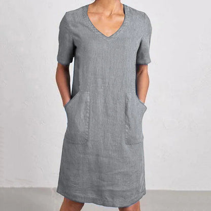 Cardydony Women's Retro Solid Color Cotton And Linen V-neck Pocket Dress