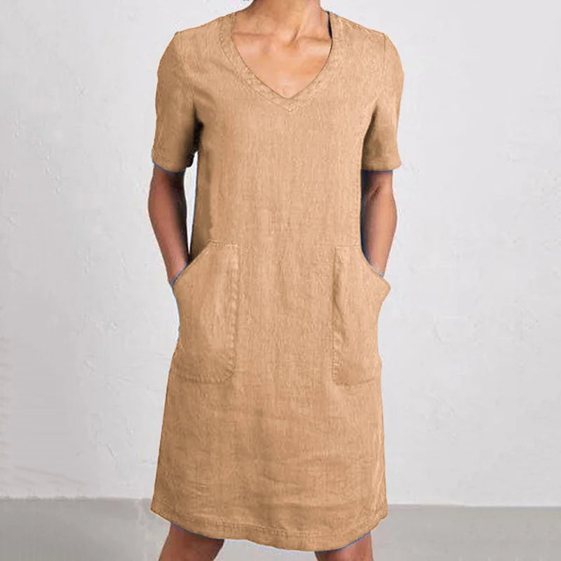 Cardydony Women's Retro Solid Color Cotton And Linen V-neck Pocket Dress
