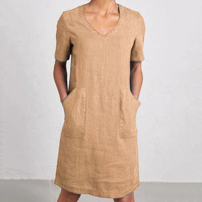 Cardydony Women's Retro Solid Color Cotton And Linen V-neck Pocket Dress