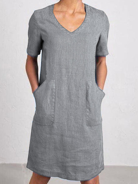 Cardydony Women's Retro Solid Color Cotton And Linen V-neck Pocket Dress