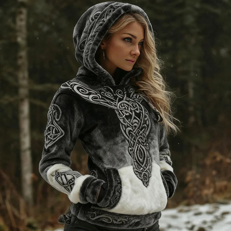 Cardydony Women's Retro Viking Celtic Knot Style Plush Hoodie
