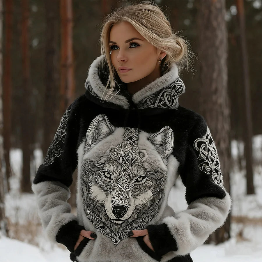 Cardydony Women's Retro Viking Wolf Art Plush Hooded Sweatshirt