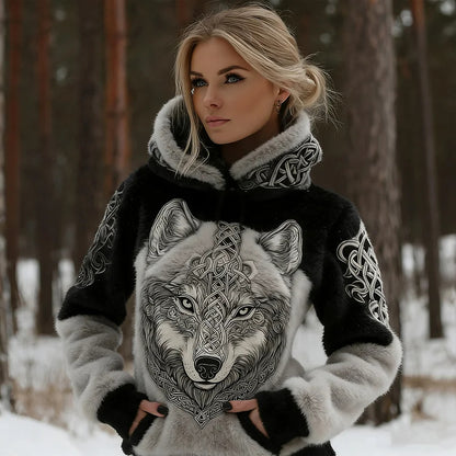 Cardydony Women's Retro Viking Wolf Art Plush Hooded Sweatshirt