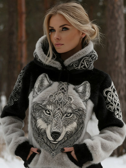 Cardydony Women's Retro Viking Wolf Art Plush Hooded Sweatshirt
